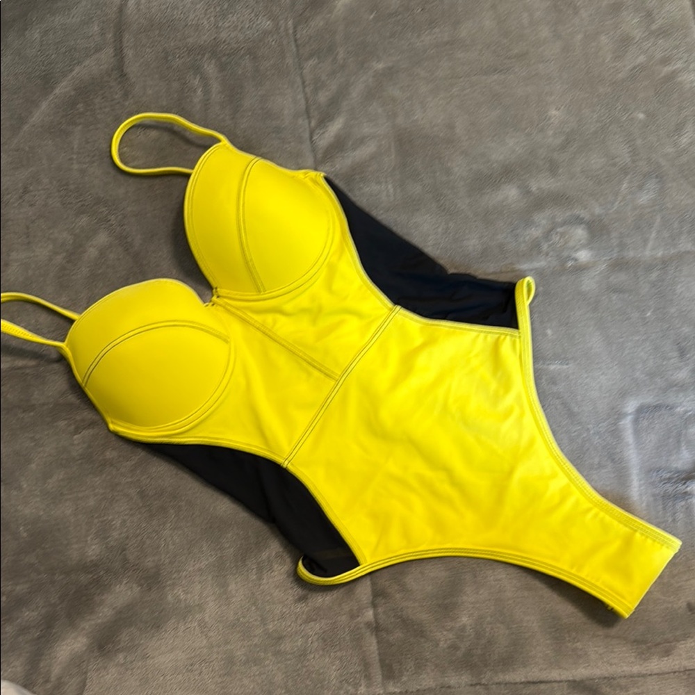 Vibrant Yellow and Black Athletic One Piece Swimsuit